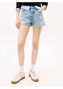 Jeansshorts Tommy Jeans "HOT PANT CBF CI8010", Damen, Gr. 26, N-Gr, blau (denim light), Denim/Jeans, Obermaterial: 82% Baumwolle, 18% Lyocell, unifarben, kurz, Jeans Jeansshorts, mit Destroyed Effekt