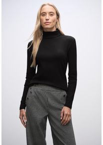 Langarmshirt Street One, Damen, Gr. 46, schwarz, Rippware, Obermaterial: 95% Baumwolle, 5% Elasthan, unifarben, regular fit normal, ohne Ausschnitt, gerader Abschluss, Shirts Langarmshirt, mit Rippstruktur