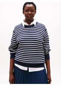 Strickpullover Tommy Hilfiger Curve "CRV CO CABLE FINE GG C-NK LS SWT", Damen, Gr. 52, beige (schwarz night navy, ivory silk stp), Strick, Obermaterial: 100% Baumwolle, gestreift, figurbetont normal, Rundhals, Rippstrickb&uuml;ndchen, Pullover Strickpullover, in gro&szlig;en Gr&ouml;&szlig;en, mit Zopfmuster