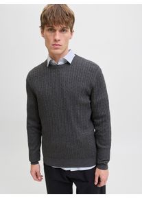 Jack & Jones Strickpullover JACK & JONES "JJEEMIL KNIT CABLE CREW NECK NOOS", Herren, Gr. M, grau (dunkelgrau melange), Strick, Obermaterial: 60% Baumwolle, 20% Nylon, 20% Viskose, meliert, unifarben, regular fit h&uuml;ftlang, Rundhals, B&uuml;ndchen, Pullover Strickpullover
