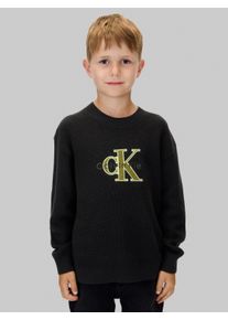 Strickpullover Calvin Klein Jeans "TOWELLING CK STITCH SWEATER", Jungen, Gr. 14 (164), ck schwarz, Strick, Obermaterial: 100% Baumwolle, unifarben, regular fit h&uuml;ftlang, Rundhals, B&uuml;ndchen, Pullover Strickpullover, f&uuml;r Kinder bis 16 Jahre, Frottee-Applikation