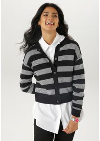 Strickjacke Aniston SELECTED, Damen, Gr. 40, schwarz-wei&szlig; (schwarz, wei&szlig;), Strick, Obermaterial: 70% Baumwolle, 30% Polyamid, gemustert, gestreift, figurumspielend taillenbedeckt, Rundhals, Strickb&uuml;ndchen, Strickjacken Strickjacke, im trendigen Streifen-Dessin