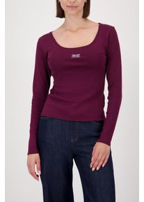 Langarmshirt monari "Shirt Rippe Schmuck", Damen, Gr. 38, rot (bordeaux), Web, Obermaterial: 94% Baumwolle, 6% Elasthan, unifarben, regular fit normal, tiefer Rundhals, eingesetzt abgesteppte Kante, Shirts Langarmshirt, Mit weitem Rundhalsausschnitt