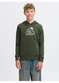 Jack & Jones Kapuzensweatshirt JACK & JONES JUNIOR "JJSUN SWEAT HOOD JNR", Jungen, Gr. 128, bunt (duffel bag), angeraute Sweatware, Obermaterial: 60% Baumwolle, 40% Polyester, bedruckt, regular fit normal, Rippb&uuml;ndchen, Sweatshirts Kapuzensweatshirt