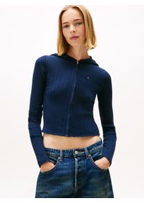 Strickjacke Tommy Jeans "TJW ESSENTIAL ZIPPER HOOD CARDI", Damen, Gr. M (38), blau (schwarz night navy), Strick, Obermaterial: 65% Baumwolle, 35% Polyamid, unifarben, regular fit taillenlang, Rundhals, Strickjacken Strickjacke, mit Zopfstrickmuster und Kapuze