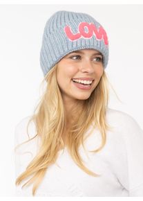 Beanie Zwillingsherz "Love Label", Damen, blau, Strick, Materialmix, M&uuml;tzen Beanie, mit LOVE-Schriftzug und Wollanteil