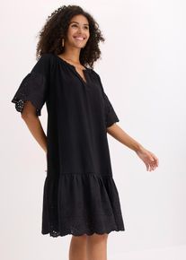 bonprix Tunika-Kleid aus reiner Bio-Baumwolle, schwarz, Gr.48/50 (XL), Tunika-Kleid mit Embroiderie Anglaise S&auml;umen, aus 100% Baumwolle