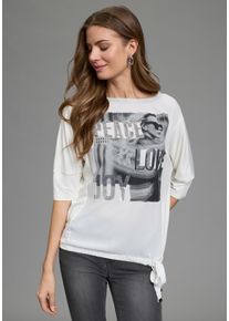 Shirtbluse Laura Scott, Damen, Gr. 42, wei&szlig;, Web, Obermaterial: 100% Polyester. R&uuml;ckenteil: 95% Viskose, 5% Elasthan, bedruckt, figurumspielend h&uuml;ftlang, U-Boot-Ausschnitt, Blusen Shirtbluse, mit U-Boot-Ausschnitt, Halbarm und Glitzerdruck, Topseller