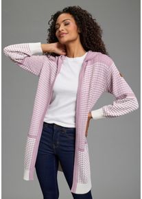 Kapuzenstrickjacke Kangaroos, Damen, Gr. 32/34, rose, sanftes wei&szlig;, Strick, Obermaterial: 50% Baumwolle, 50% Polyacryl, gemustert, l&auml;ssig geschnitten lang, Rippb&uuml;ndchen, Strickjacken Kapuzenstrickjacke, mit angesagtem Strickmuster, Topseller