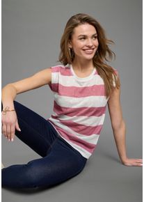 T-Shirt Laura Scott, Damen, Gr. 36, wei&szlig;, braun, gestreift, Jersey, Obermaterial: 100% Polyester, gestreift, Basic h&uuml;ftlang, Rundhals, angeschnitten, Shirts T-Shirt, in strukturierter Leinen-Optik, gestreiftes Design