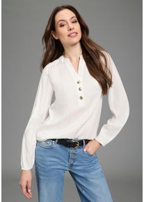 Schlupfbluse Bruno Banani, Damen, Gr. 36, wei&szlig;, Web, Obermaterial: 100% Viskose, unifarben, figurumspielend h&uuml;ftlang, V-Ausschnitt, Puff&auml;rmel, Blusen Schlupfbluse, h&uuml;ftlange Form mit Zierkn&ouml;pfen, figurumspielende Passform