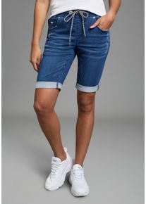 Jogg-Jeansbermudas Kangaroos, Damen, Gr. 46, N-Gr, dunkelblau used, Denim/Jeans, Obermaterial: 59% Baumwolle, 40% Polyester, 1% Elasthan, unifarben, Basic, bequem kniefrei, Jeans Jogg-Jeansbermudas, gerade geschnittenes Bein, elastischer Tunnelzugbund
