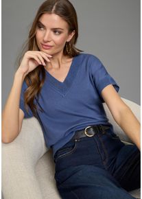 Kurzarmpullover Laura Scott, Damen, Gr. 44/46, marine, Feinstrick, Obermaterial: 70% Viskose, 30% Polyamid, unifarben, figurumspielend h&uuml;ftlang, V-Ausschnitt, Pullover Kurzarmpullover, mit sommerlichem Ajourmuster, Topseller