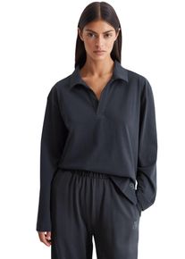 Marc O'Polo Langarm-Poloshirt MARC O'POLO "Heavy Jersey-Woven", Damen, Gr. L, blau (schwarz navy), Jersey, Obermaterial: 100% Baumwolle, unifarben, loose fit h&uuml;ftbedeckend, V-Ausschnitt, Shirts Langarm-Poloshirt, V-Ausschnitt, Langarm