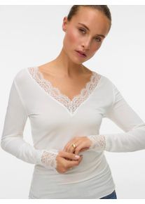 V&eacute;ro Moda Langarmshirt VERO MODA "VMSKYE LS V-NECK LACE TOP JRS NOOS", Damen, Gr. XL, wei&szlig; (snow wei&szlig;), Jersey, Obermaterial: 86% Modal, 8% Wolle, 6% Elasthan, unifarben, h&uuml;ftlang, V-Ausschnitt, Shirts Langarmshirt