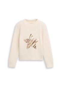 Rundhalspullover Tom Tailor, M&auml;dchen, Gr. 116/122, vintage beige, Strick, Obermaterial: 52% Viskose, 27% Polyester, 21% Polyamid, bedruckt, regular fit kurz, Rundhals, Rippb&uuml;ndchen, Pullover Rundhalspullover, mit Wendepailletten