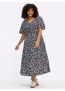 sheego Gro&szlig;e Gr&ouml;&szlig;en Blumenkleid mit Knotendetail, tiefblau-champagner-bedruckt, Gr&ouml;&szlig;e 54 - Damen