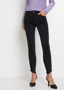 bonprix Skinny Jeans Mid Waist Stretch, schwarz, Gr.46, Skinny Jeans mit Rei&szlig;verschluss am asymmetrischem Saum, 73% Baumwolle