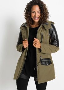 bonprix Parka, gr&uuml;n, Gr.38, L&auml;ssiger Parka mit Kapuze und Lederimitat-Details, 58% Polyester