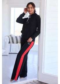 Loungehose BENCH. LOUNGEWEAR, Damen, Gr. 44/46, N-Gr, schwarz, Sweatware, Obermaterial: 60% Baumwolle, 40% Polyester, unifarben mit Farbeinsatz, bequem lang, Hosen Loungehose, mit Seitenschlitzen am Beinsaum und Silikon Logo Badge, Loungewear