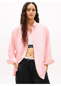 Langarmbluse Tommy Jeans "TJW OVS POPLIN SHIRT", Damen, Gr. L (40), tropical blush, stripe, Web, Obermaterial: 65% Baumwolle, 35% Nylon, gestreift, regular fit normal, Manschette, Blusen Langarmbluse, mit modischen Streifen