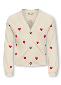 Strickjacke KIDS Only "KOGDANA LIFE LS HEART VNECK CARDIGAN KNT", M&auml;dchen, Gr. 158/164, tofu detail:emb barbados cherry, heart, Strick, Obermaterial: 50% Viskose, 27% Nylon, 23% Polyester, bestickt, unifarben, loose fit normal, V-Ausschnitt, Raglan&auml;rmel Strickb&uuml;ndchen, Strickjacken Strickjacke