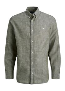 Jack & Jones Langarmhemd JACK & JONES "JPRBLUSUMMER LINEN BLEND SHIELD LS SHIRT", Damen, Gr. XXL, N-Gr, winter moss fit:regular fit, Web, Obermaterial: 70% Baumwolle, 30% Leinen, unifarben, regular fit normal, Hemden Langarmhemd