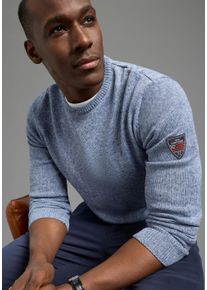 Rundhalspullover DELMAO "Neue Kollektion Sommerlicher Leinenanteil", Herren, Gr. 3XL (64/66), blau melange, Strick, Obermaterial: 85% Polyester, 15% Leinen, meliert, regular fit normal, Rundhals, Strickb&uuml;ndchen, Pullover Rundhalspullover, Rundhalsausschnitt, regular fit, Langarm, melierte Optik, Topseller