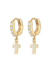 Paar Creolen Elli "Ohrringe Huggie Hoops Creolen Kreuz Zirkonia 925 Silber" Gr. 20, gold, Ohrringe, Damen, mit Stein, Silber 925 (Sterlingsilber), Paar Creolen