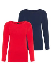 Longsleeve Laura Scott, Damen, Gr. 36/38, marine, rot, Single Jersey, Obermaterial: 95% Baumwolle, 5% Elasthan, unifarben, Basic, Basic h&uuml;ftbedeckend, U-Boot-Ausschnitt, Shirts Longsleeve, Basic-Stil und Passform, mit U-Boot-Ausschnitt, Topseller