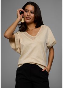 Kurzarmpullover Laura Scott, Damen, Gr. 40/42, beige, Feinstrick, Obermaterial: 70% Viskose, 30% Polyamid, unifarben, figurumspielend h&uuml;ftlang, V-Ausschnitt, Pullover Kurzarmpullover, mit sommerlichem Ajourmuster, Topseller