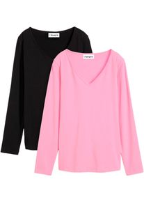 Langarmshirt bonprix "Figurbetontes Langarmshirt (2er Pack)", Damen, Gr. 36/38 (S), rosa (bl&uuml;tenpink, schwarz), Jersey, Obermaterial: 95% Baumwolle, 5% Elasthan, unifarben, slim fit normal, tiefer V-Ausschnitt, Shirts Langarmshirt, Slim fit Passform, mit V-Ausschnitt, aus Baumwolle und Elasthan