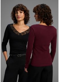 Longsleeve Laura Scott, Damen, Gr. 40/42, rot (schwarz, bordeaux), Rippware, Obermaterial: 100% Baumwolle. Spitze: 95% Polyester, 5% Elasthan, unifarben, k&ouml;rpernah h&uuml;ftbedeckend, V-Ausschnitt, Shirts Longsleeve, mit toller Spitzenkante