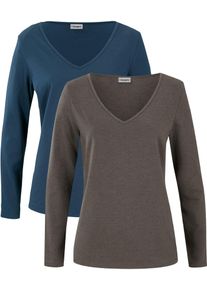 Langarmshirt bonprix "Figurbetontes Langarmshirt (2er Pack)", Damen, Gr. 48/50 (XL), blau (dunkelblau, anthrazit meliert), Jersey, Obermaterial: 95% Baumwolle, 5% Elasthan, meliert, slim fit normal, tiefer V-Ausschnitt, Shirts Langarmshirt, Slim fit Passform, mit V-Ausschnitt, aus Baumwolle und Elasthan