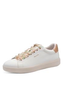 Plateausneaker Tamaris, Damen, Gr. 42, sanftes wei&szlig; gebl&uuml;mt, Lederimitat, kontrastfarbene Details, Schuhe Plateausneaker, Freizeitschuh, Halbschuh, Schn&uuml;rer in veganer Verarbeitung