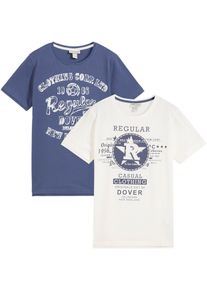 T-Shirt bonprix, Jungen, Gr. 152/158, blau (indigo, wollwei&szlig; bedruckt), Obermaterial: 100% Baumwolle, Shirts T-Shirt, bequeme Passform, Kurzarm-Design, aus reiner Baumwolle