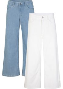 Caprijeans bonprix "Capri Jeans Mid Waist, (2er Pack)", Damen, Gr. 50, N-Gr, blau (eisblau denim, wei&szlig;), Denim/Jeans, Obermaterial: 82% Baumwolle, 17% Polyester, 1% Elasthan. Obermaterial 2: 97% Baumwolle, 3% Elasthan, unifarben, loose fit 7/8-L&auml;nge, Jeans Caprijeans, lockere Passform, mit Eingrifftaschen, mit Ges&auml;&szlig;taschen