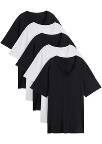 Longshirt bonprix "Weites Long-Shirt mit V-Ausschnitt, Kurzarm (5er Pack)", Damen, Gr. 44/46 (L), schwarz (schwarz, schwarz, schwarz, wei&szlig;, wei&szlig;), Jersey, Obermaterial: 100% Baumwolle, mehrfarbig, unifarben, loose fit normal, V-Ausschnitt, gerader Abschluss, Shirts Longshirt, lockere Passform, Kurzarm, mit V-Ausschnitt, unifarben, Topseller