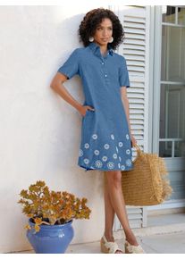 Sommerkleid Heine "Kleid", Damen, Gr. 38, Normalgr&ouml;&szlig;en, blau, bleached, Denim/Jeans, 100% Baumwolle, gebl&uuml;mt, gemustert, mehrfarbig, unifarben, knielang, Rundhals, Kleider Sommerkleid