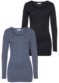 Langarmshirt Flashlights, Damen, Gr. 48/50 (XL), blau (rauchblau, schwarz), Feinripp, Obermaterial: 100% Baumwolle, unifarben, Basic, sehr figurbetont Po-bedeckend, Rundhals, Shirts Langarmshirt, sehr figurbetonter Schnitt, Rundhalsausschnitt, aus 100% Baumwolle, Topseller