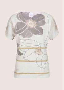 Madeleine Mode Longpullover MADELEINE "Feinstricktop Glanz-Top mit Bl&uuml;tenmuster", Damen, Gr. 34, wei&szlig; (wollwei&szlig;, cappuccino, multicolor), Obermaterial: 49% Baumwolle CO. 49% Polyester PES. 1% metallisierte Fasern MTF. 1% Viskose CV., Modern, Pullover Longpullover, schimmernde Kontraststreifen