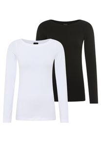 Longsleeve Laura Scott, Damen, Gr. 44/46, wei&szlig;, schwarz, Single Jersey, Obermaterial: 95% Baumwolle, 5% Elasthan, Basic, Basic h&uuml;ftbedeckend, U-Boot-Ausschnitt, Shirts Longsleeve, Basic-Stil und Passform, mit U-Boot-Ausschnitt