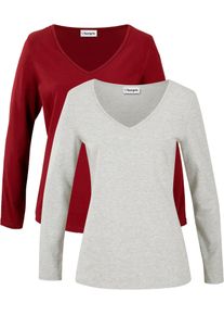 Langarmshirt bonprix "Figurbetontes Langarmshirt (2er Pack)", Damen, Gr. 44/46 (L), rot (rubinrot, hellgrau meliert), Jersey, Obermaterial: 95% Baumwolle, 5% Elasthan, meliert, slim fit normal, tiefer V-Ausschnitt, Shirts Langarmshirt, Slim fit Passform, mit V-Ausschnitt, aus Baumwolle und Elasthan
