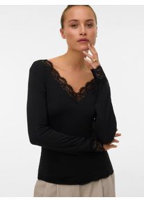 V&eacute;ro Moda Langarmshirt VERO MODA "VMSKYE LS V-NECK LACE TOP JRS NOOS", Damen, Gr. S, schwarz, Jersey, Obermaterial: 86% Modal, 8% Wolle, 6% Elasthan, unifarben, h&uuml;ftlang, V-Ausschnitt, Shirts Langarmshirt