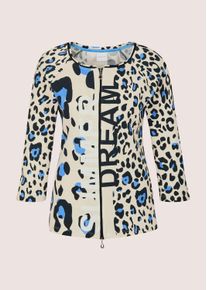 Madeleine Mode Langarmshirt MADELEINE "Shirtjacke Sportiver Halbarm Shirtblazer mit Print", Damen, Gr. 42, gletscherblau, perlwei&szlig;, schwarz, Obermaterial: 95% Baumwolle CO. 5% Elasthan EL., Modern, Shirts Langarmshirt, Rippenqualit&auml;t