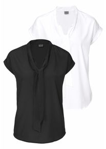 Schluppenbluse Bruno Banani, Damen, Gr. 46, schwarz-wei&szlig; (schwarz und wollwei&szlig; (aus recyceltem polyester)), Web, Obermaterial: 100% Polyester, clean, gepflegt, unifarben, figurumspielend h&uuml;ftlang, abgestepptes B&uuml;ndchen, Blusen Schluppenbluse, mit Bindeband