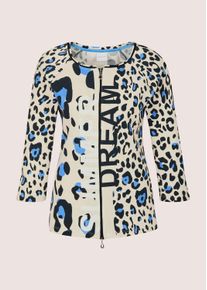 Madeleine Mode Langarmshirt MADELEINE "Shirtjacke Sportiver Halbarm Shirtblazer mit Print", Damen, Gr. 36, gletscherblau, perlwei&szlig;, schwarz, Obermaterial: 95% Baumwolle CO. 5% Elasthan EL., Modern, Shirts Langarmshirt, Rippenqualit&auml;t