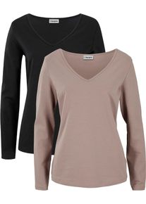 Langarmshirt bonprix "Figurbetontes Langarmshirt (2er Pack)", Damen, Gr. 48/50 (XL), braun (taupe, schwarz), Jersey, Obermaterial: 95% Baumwolle, 5% Elasthan, unifarben, slim fit normal, tiefer V-Ausschnitt, Shirts Langarmshirt, Slim fit Passform, mit V-Ausschnitt, aus Baumwolle und Elasthan