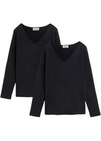 Langarmshirt bonprix "Figurbetontes Langarmshirt (2er Pack)", Damen, Gr. 44/46 (L), schwarz (schwarz, schwarz), Jersey, Obermaterial: 95% Baumwolle, 5% Elasthan, unifarben, slim fit normal, tiefer V-Ausschnitt, Shirts Langarmshirt, Slim fit Passform, mit V-Ausschnitt, aus Baumwolle und Elasthan