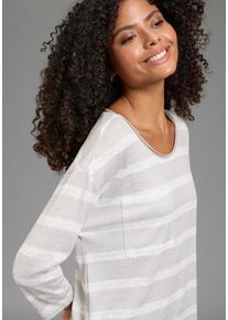 Streifenpullover Laura Scott, Damen, Gr. 32/34, beige, wei&szlig; gestreift, Strick, Obermaterial: 50% Polyester, 45% Viskose, 5% Elasthan, gestreift, oversize h&uuml;ftlang, Rundhals, abgesteppt, Pullover Streifenpullover, leichter &Uuml;bergangspullover mit seitlichem Schlitz und Tasche